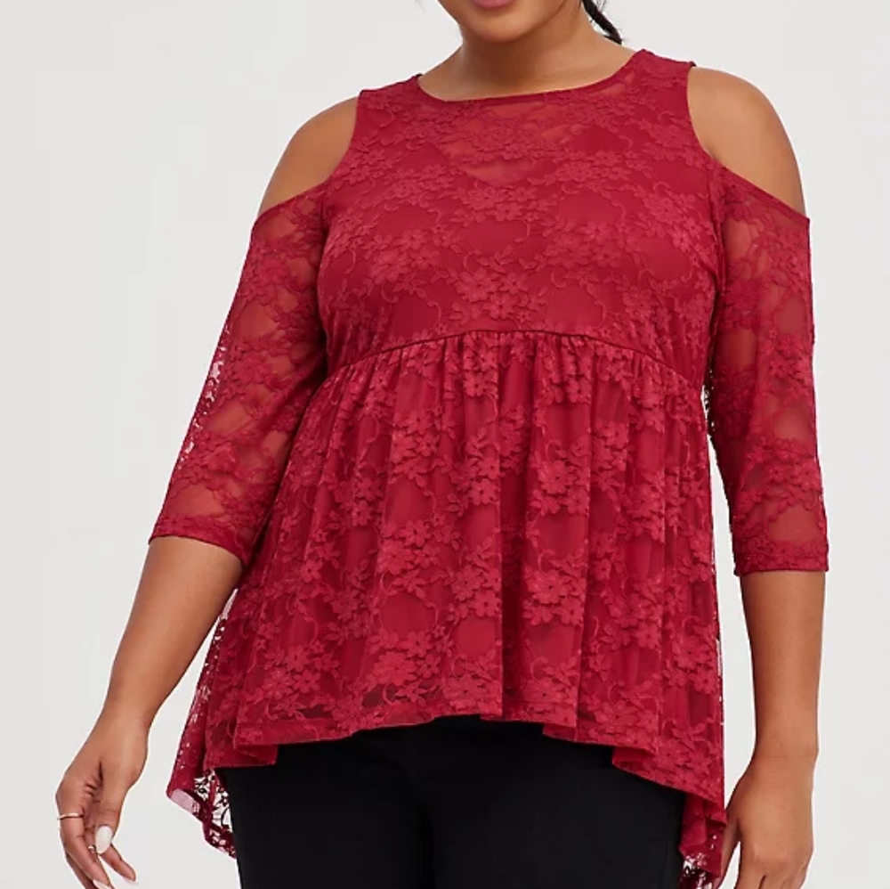 🎊🔷BABYDOLL STRETCH LACE COLD SHOULDER TOP